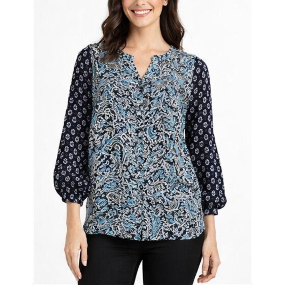Tolani 100% silk black printed button front long sleeve blouse small